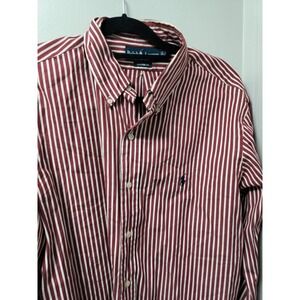 Ralph Lauren Custom Fit Striped Button Shirt Mens SIZE 17 34/35 Red White Pony